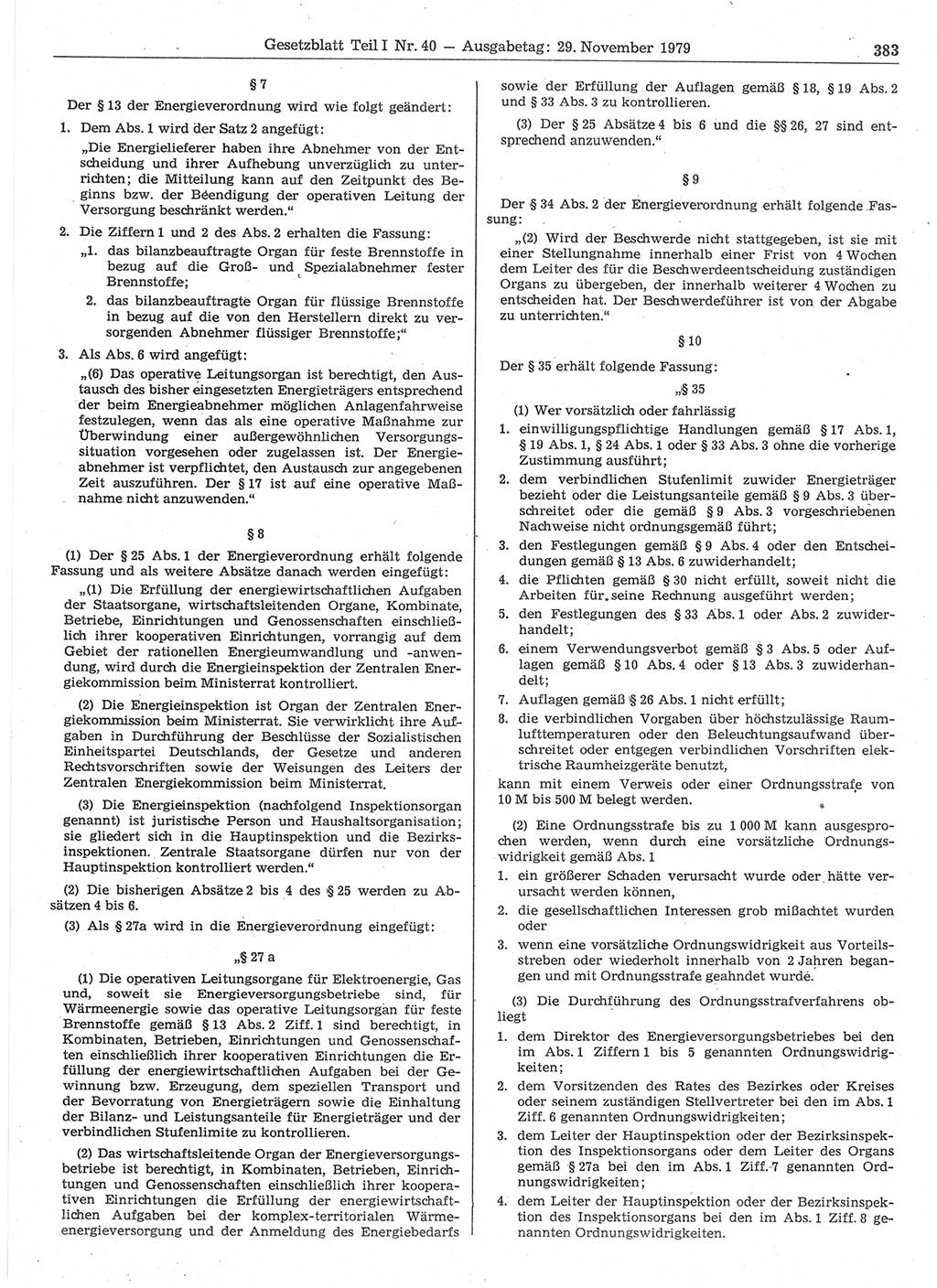 Gesetzblatt (GBl.) der Deutschen Demokratischen Republik (DDR) Teil Ⅰ 1979, Seite 383 (GBl. DDR Ⅰ 1979, S. 383)