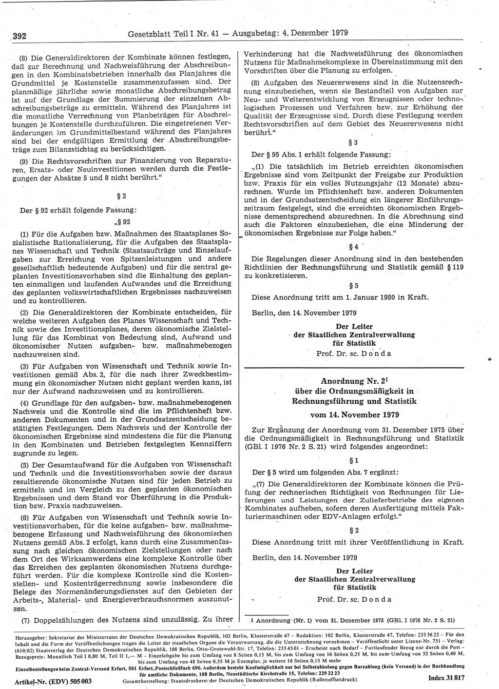 Gesetzblatt (GBl.) der Deutschen Demokratischen Republik (DDR) Teil Ⅰ 1979, Seite 392 (GBl. DDR Ⅰ 1979, S. 392)
