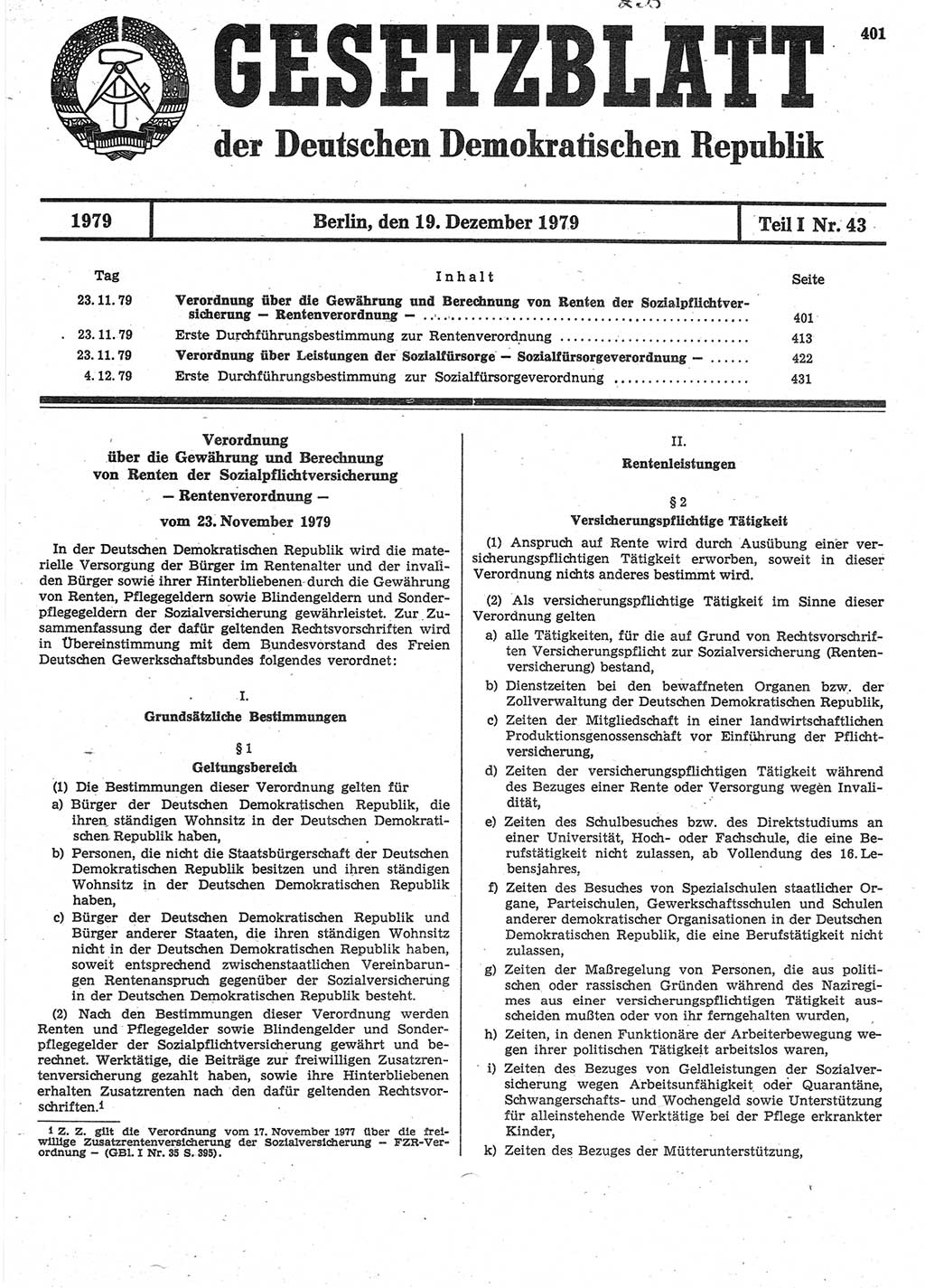 Gesetzblatt (GBl.) der Deutschen Demokratischen Republik (DDR) Teil Ⅰ 1979, Seite 401 (GBl. DDR Ⅰ 1979, S. 401)