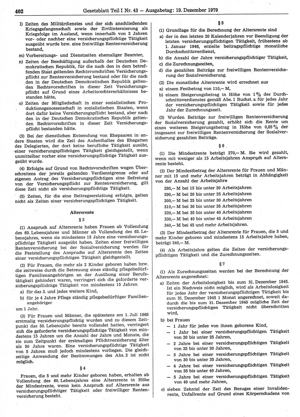 Gesetzblatt (GBl.) der Deutschen Demokratischen Republik (DDR) Teil Ⅰ 1979, Seite 402 (GBl. DDR Ⅰ 1979, S. 402)