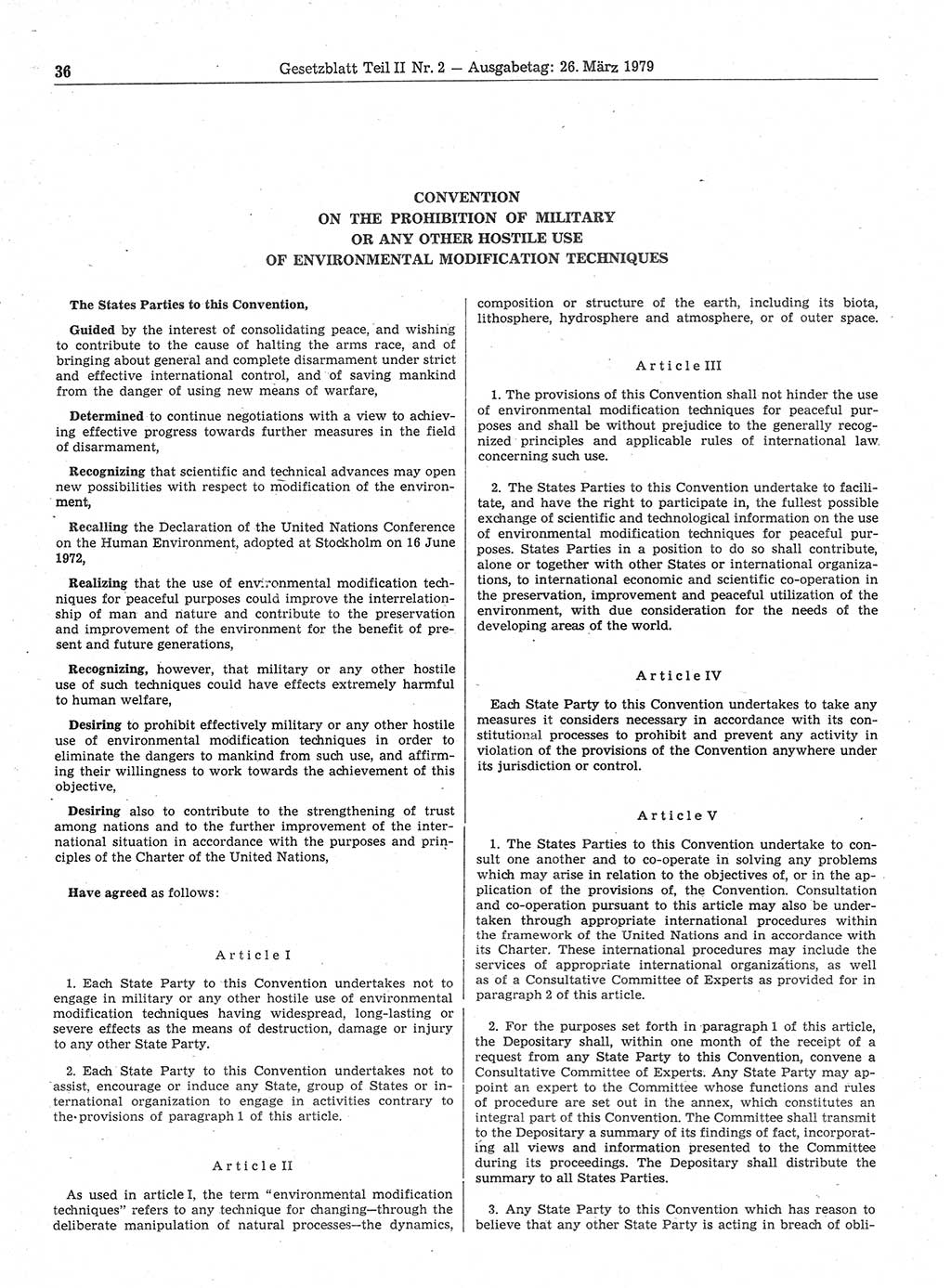 Gesetzblatt (GBl.) der Deutschen Demokratischen Republik (DDR) Teil ⅠⅠ 1979, Seite 36 (GBl. DDR ⅠⅠ 1979, S. 36)