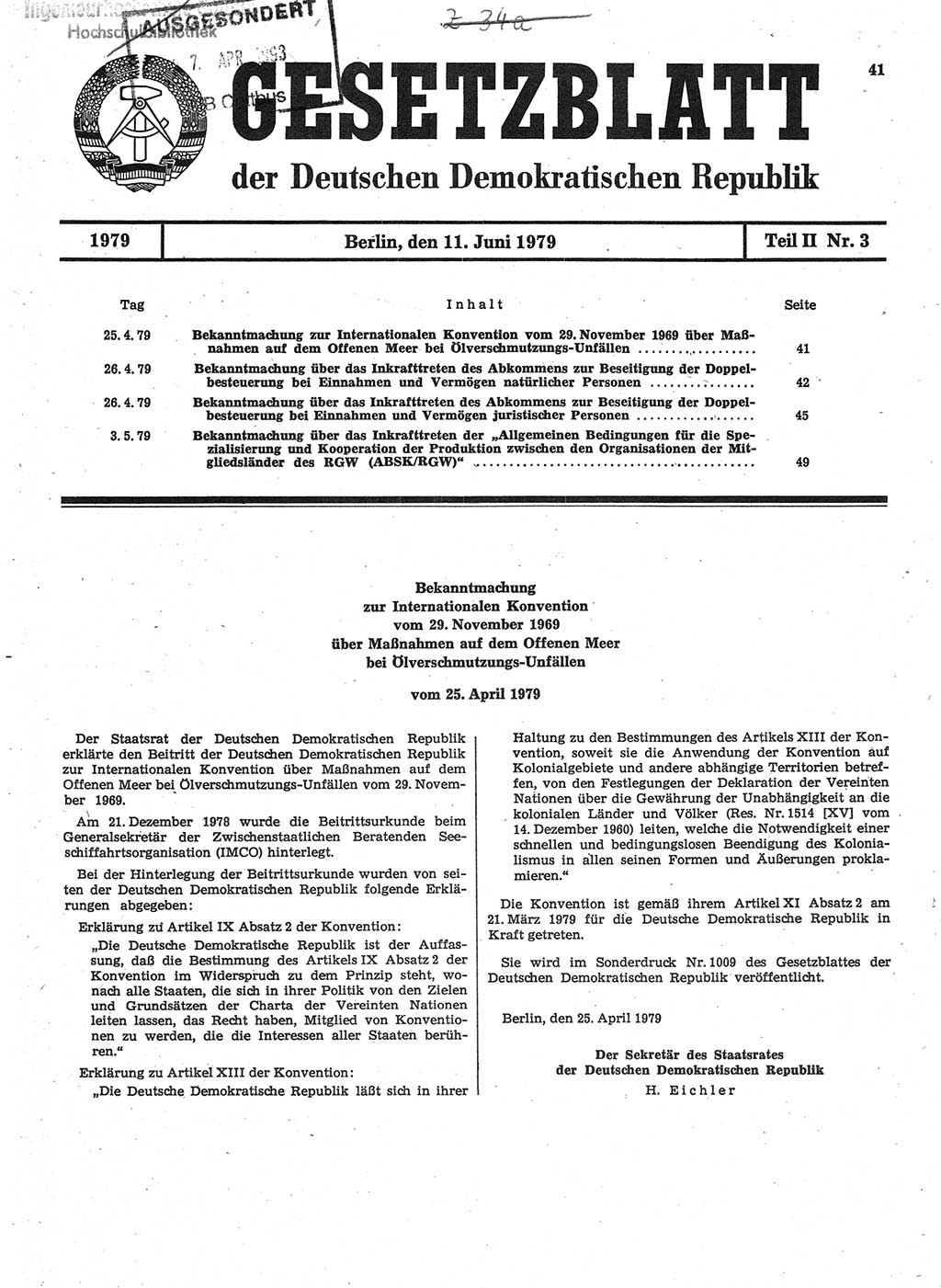 Gesetzblatt (GBl.) der Deutschen Demokratischen Republik (DDR) Teil ⅠⅠ 1979, Seite 41 (GBl. DDR ⅠⅠ 1979, S. 41)
