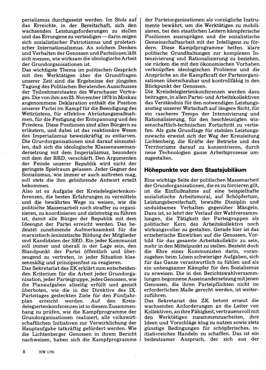 Neuer Weg (NW), Organ des Zentralkomitees (ZK) der SED (Sozialistische Einheitspartei Deutschlands) für Fragen des Parteilebens, 34. Jahrgang [Deutsche Demokratische Republik (DDR)] 1979, Seite 8 (NW ZK SED DDR 1979, S. 8)