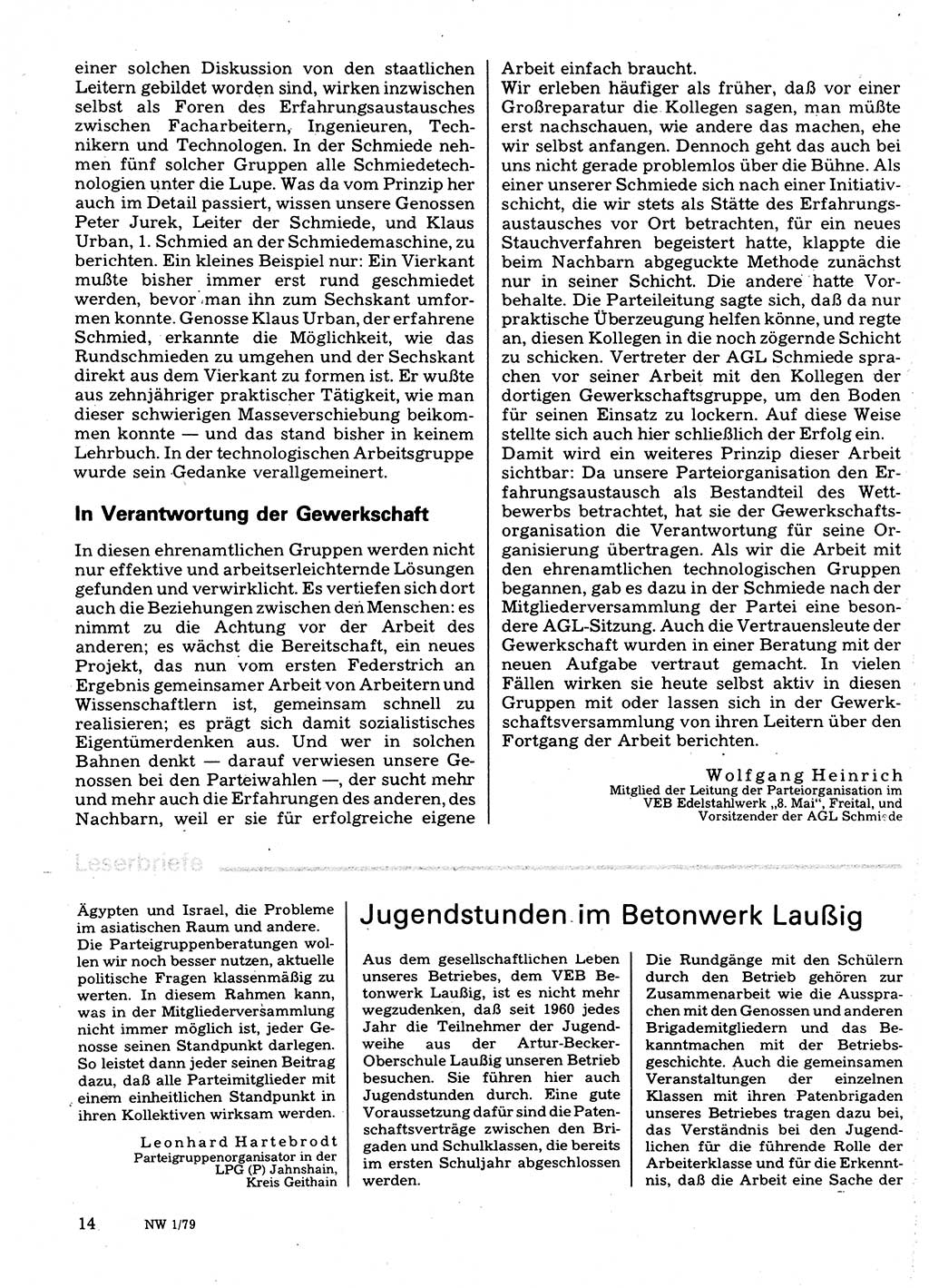 Neuer Weg (NW), Organ des Zentralkomitees (ZK) der SED (Sozialistische Einheitspartei Deutschlands) für Fragen des Parteilebens, 34. Jahrgang [Deutsche Demokratische Republik (DDR)] 1979, Seite 14 (NW ZK SED DDR 1979, S. 14)