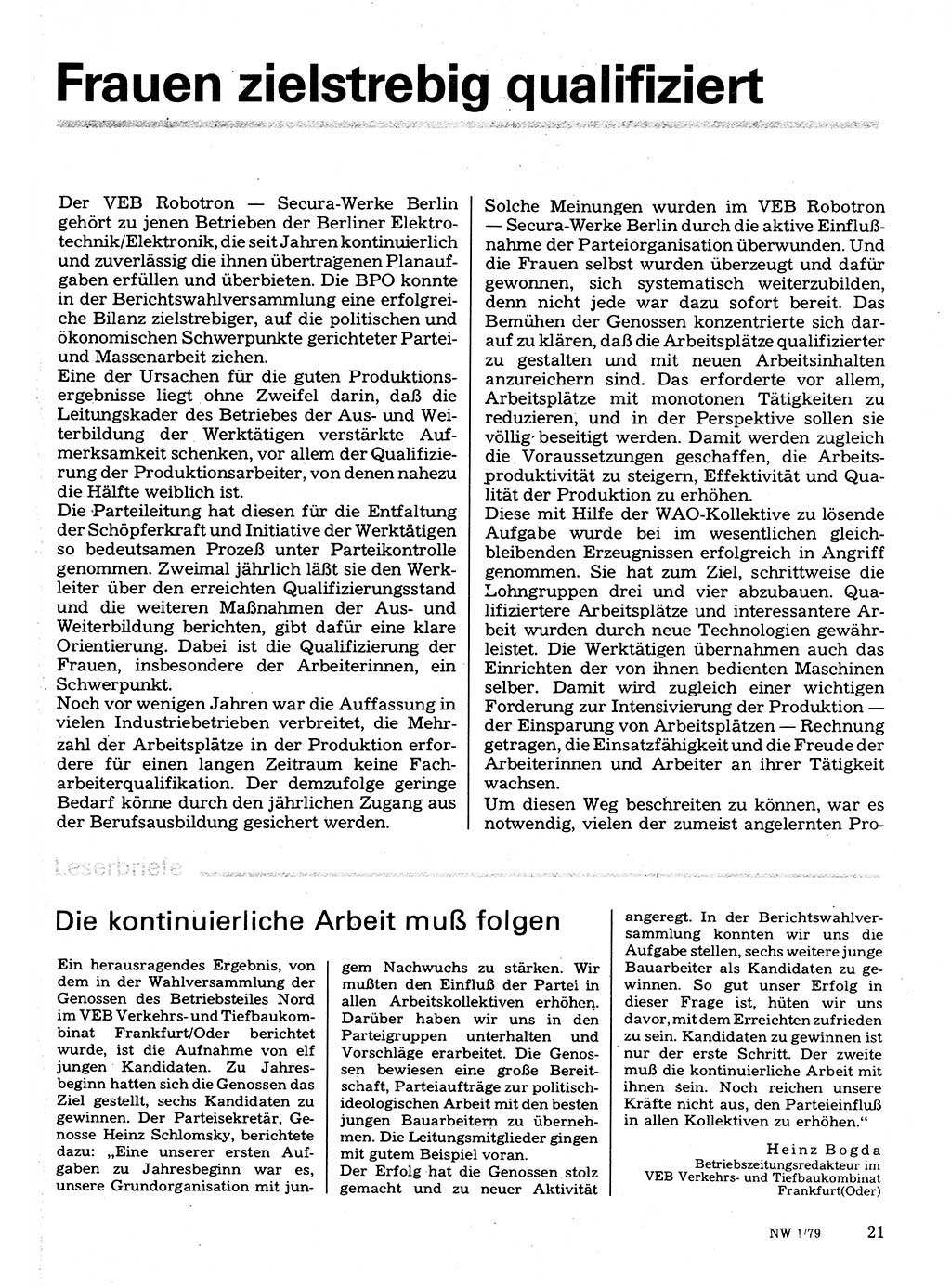 Neuer Weg (NW), Organ des Zentralkomitees (ZK) der SED (Sozialistische Einheitspartei Deutschlands) für Fragen des Parteilebens, 34. Jahrgang [Deutsche Demokratische Republik (DDR)] 1979, Seite 21 (NW ZK SED DDR 1979, S. 21)