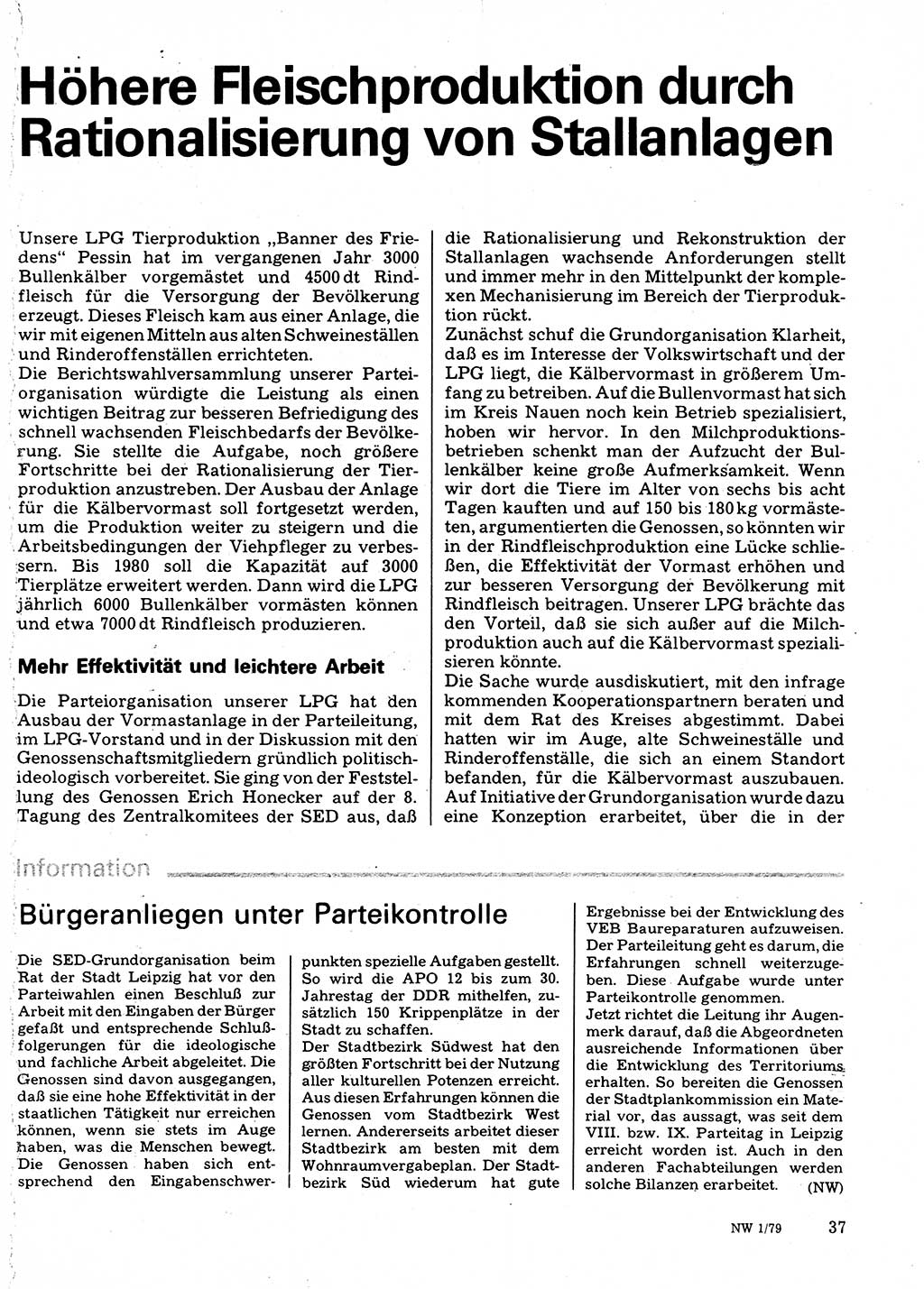 Neuer Weg (NW), Organ des Zentralkomitees (ZK) der SED (Sozialistische Einheitspartei Deutschlands) für Fragen des Parteilebens, 34. Jahrgang [Deutsche Demokratische Republik (DDR)] 1979, Seite 37 (NW ZK SED DDR 1979, S. 37)