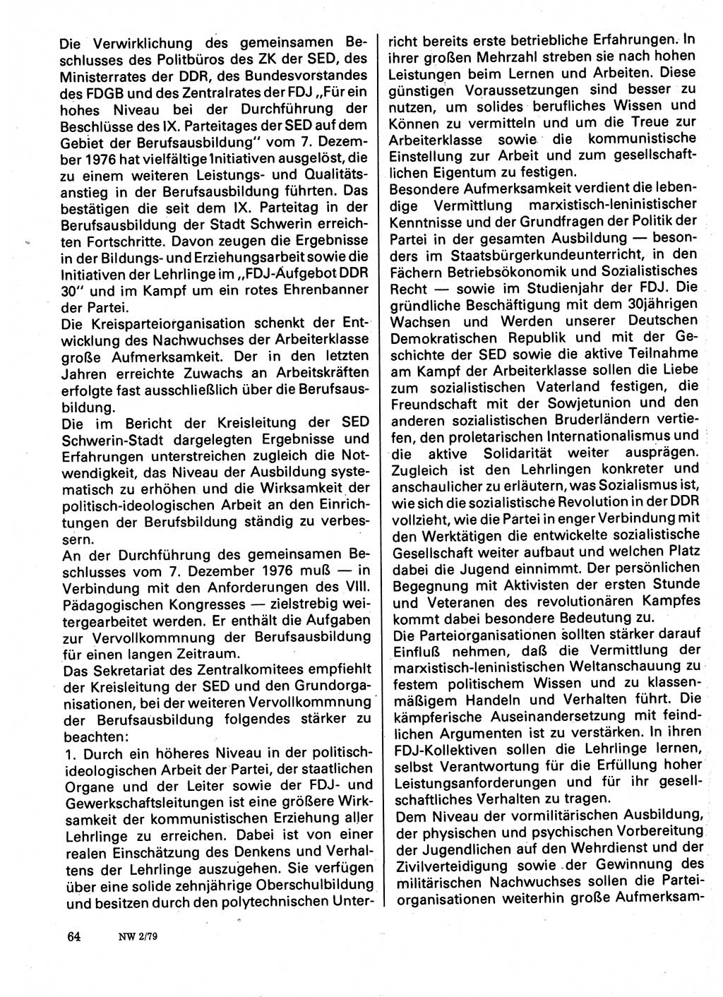Neuer Weg (NW), Organ des Zentralkomitees (ZK) der SED (Sozialistische Einheitspartei Deutschlands) für Fragen des Parteilebens, 34. Jahrgang [Deutsche Demokratische Republik (DDR)] 1979, Seite 64 (NW ZK SED DDR 1979, S. 64)