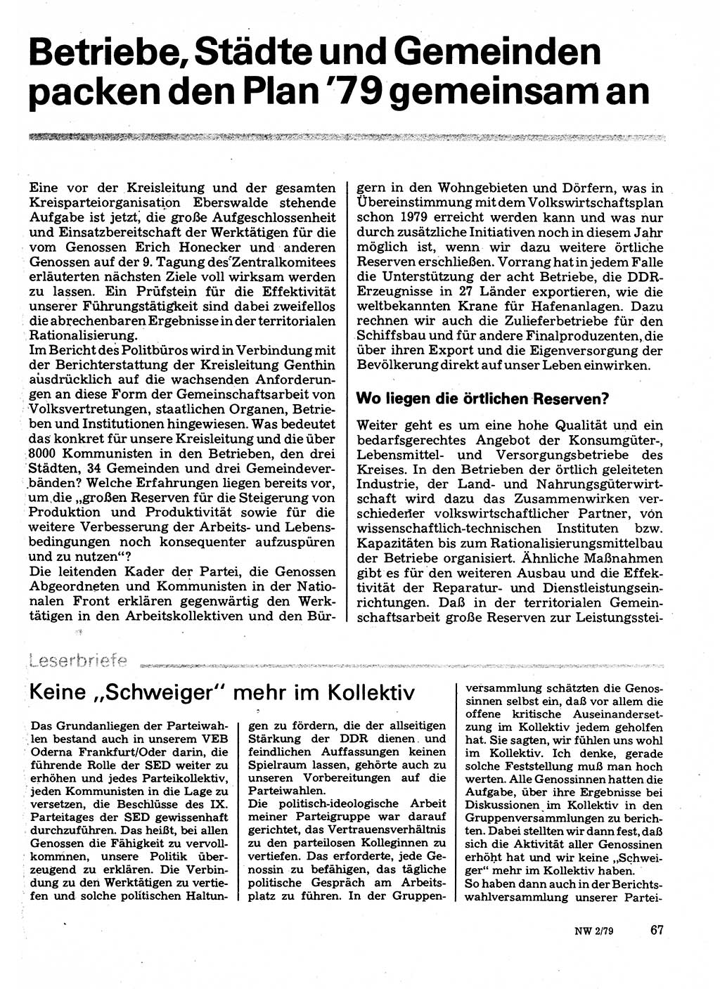 Neuer Weg (NW), Organ des Zentralkomitees (ZK) der SED (Sozialistische Einheitspartei Deutschlands) für Fragen des Parteilebens, 34. Jahrgang [Deutsche Demokratische Republik (DDR)] 1979, Seite 67 (NW ZK SED DDR 1979, S. 67)