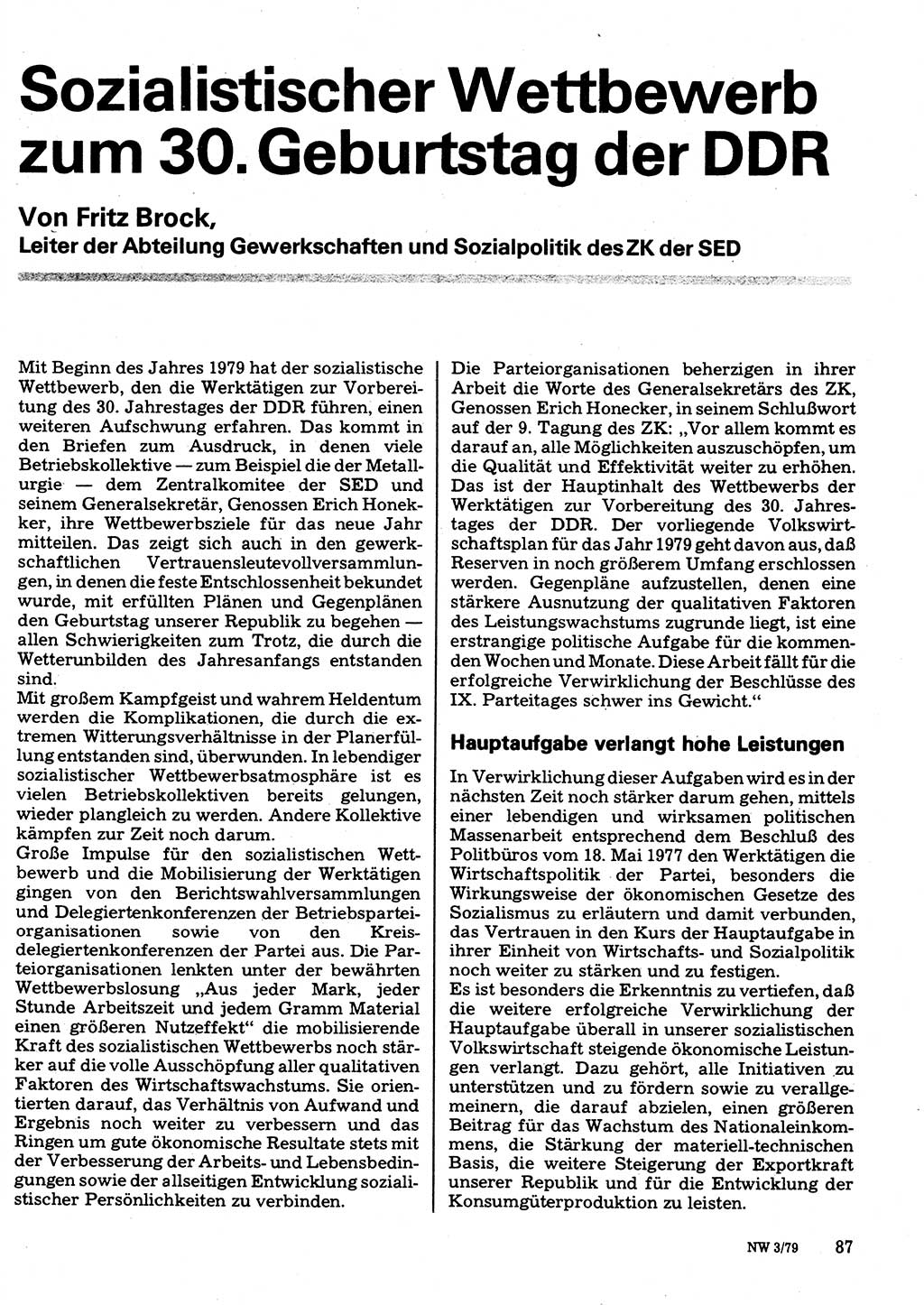 Neuer Weg (NW), Organ des Zentralkomitees (ZK) der SED (Sozialistische Einheitspartei Deutschlands) für Fragen des Parteilebens, 34. Jahrgang [Deutsche Demokratische Republik (DDR)] 1979, Seite 87 (NW ZK SED DDR 1979, S. 87)