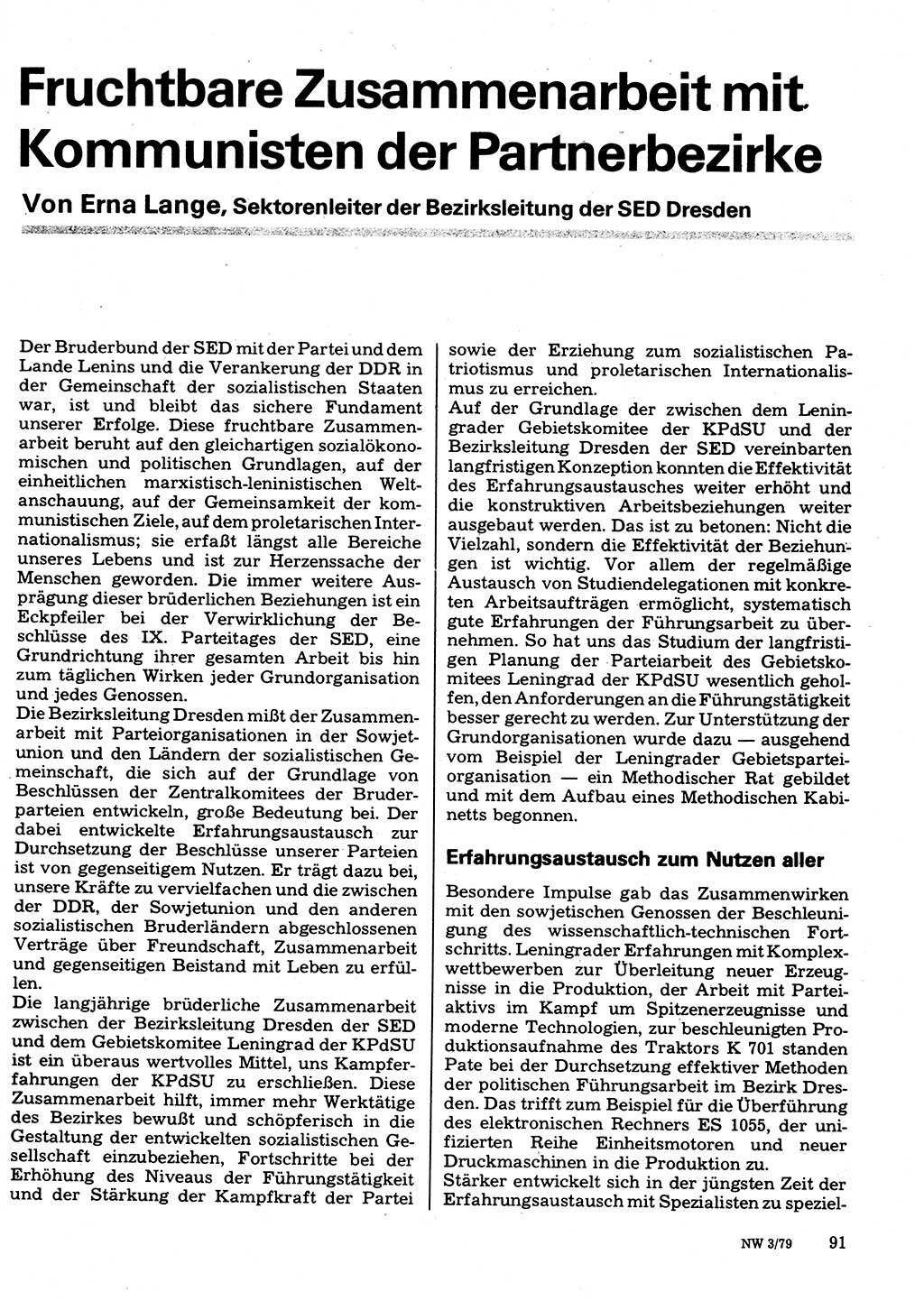 Neuer Weg (NW), Organ des Zentralkomitees (ZK) der SED (Sozialistische Einheitspartei Deutschlands) für Fragen des Parteilebens, 34. Jahrgang [Deutsche Demokratische Republik (DDR)] 1979, Seite 91 (NW ZK SED DDR 1979, S. 91)