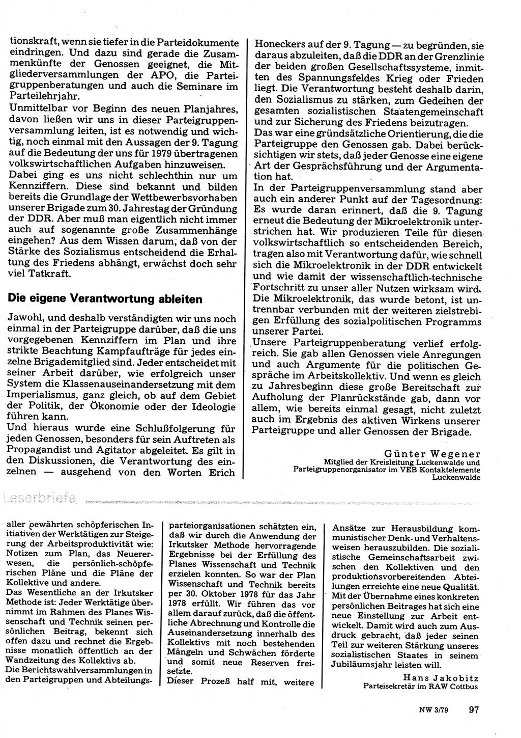 Neuer Weg (NW), Organ des Zentralkomitees (ZK) der SED (Sozialistische Einheitspartei Deutschlands) für Fragen des Parteilebens, 34. Jahrgang [Deutsche Demokratische Republik (DDR)] 1979, Seite 97 (NW ZK SED DDR 1979, S. 97)