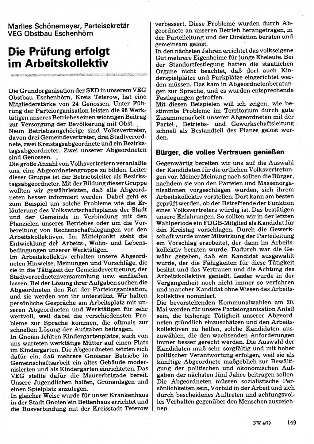 Neuer Weg (NW), Organ des Zentralkomitees (ZK) der SED (Sozialistische Einheitspartei Deutschlands) für Fragen des Parteilebens, 34. Jahrgang [Deutsche Demokratische Republik (DDR)] 1979, Seite 149 (NW ZK SED DDR 1979, S. 149)