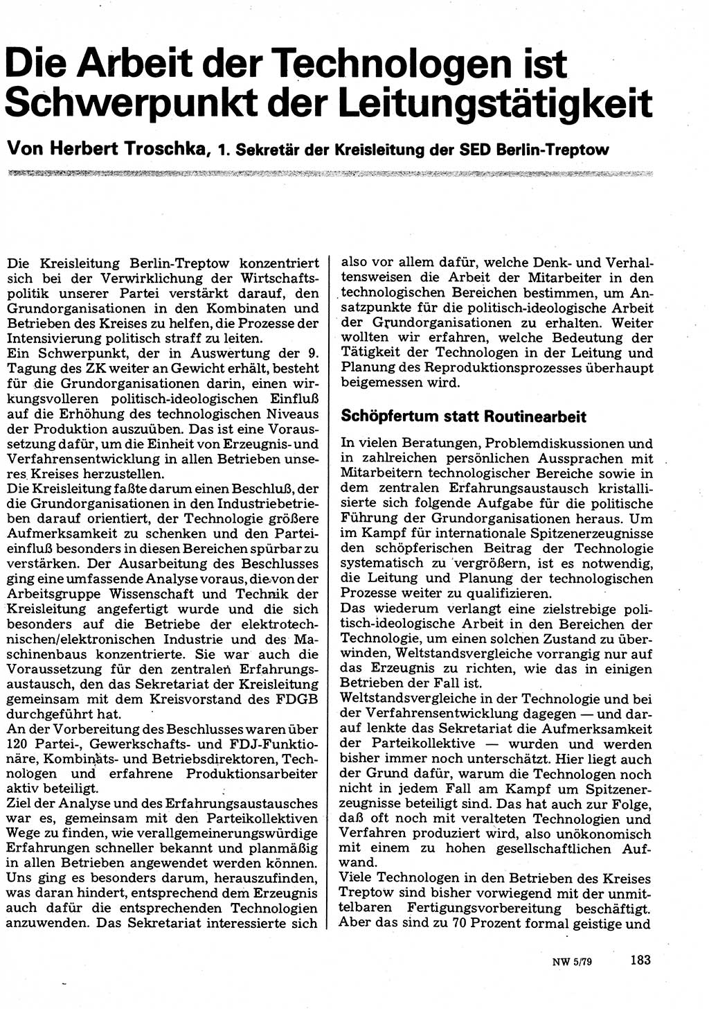 Neuer Weg (NW), Organ des Zentralkomitees (ZK) der SED (Sozialistische Einheitspartei Deutschlands) für Fragen des Parteilebens, 34. Jahrgang [Deutsche Demokratische Republik (DDR)] 1979, Seite 183 (NW ZK SED DDR 1979, S. 183)