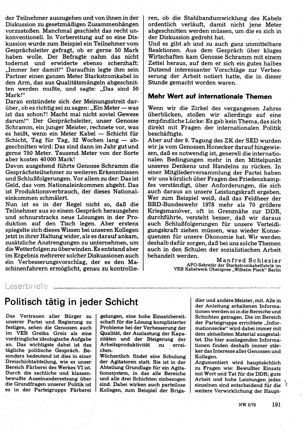 Neuer Weg (NW), Organ des Zentralkomitees (ZK) der SED (Sozialistische Einheitspartei Deutschlands) für Fragen des Parteilebens, 34. Jahrgang [Deutsche Demokratische Republik (DDR)] 1979, Seite 191 (NW ZK SED DDR 1979, S. 191)