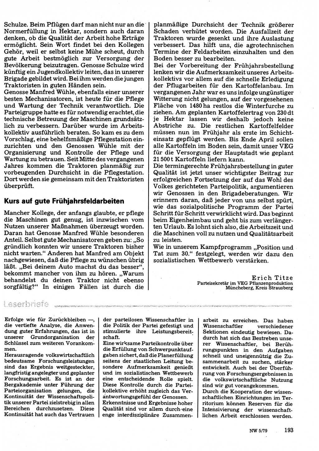 Neuer Weg (NW), Organ des Zentralkomitees (ZK) der SED (Sozialistische Einheitspartei Deutschlands) für Fragen des Parteilebens, 34. Jahrgang [Deutsche Demokratische Republik (DDR)] 1979, Seite 193 (NW ZK SED DDR 1979, S. 193)