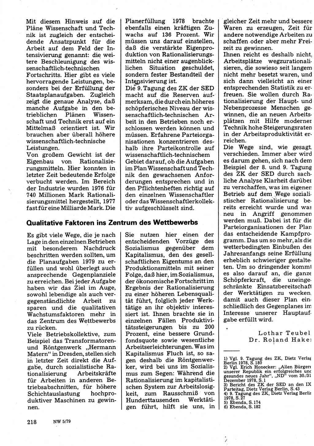 Neuer Weg (NW), Organ des Zentralkomitees (ZK) der SED (Sozialistische Einheitspartei Deutschlands) für Fragen des Parteilebens, 34. Jahrgang [Deutsche Demokratische Republik (DDR)] 1979, Seite 218 (NW ZK SED DDR 1979, S. 218)