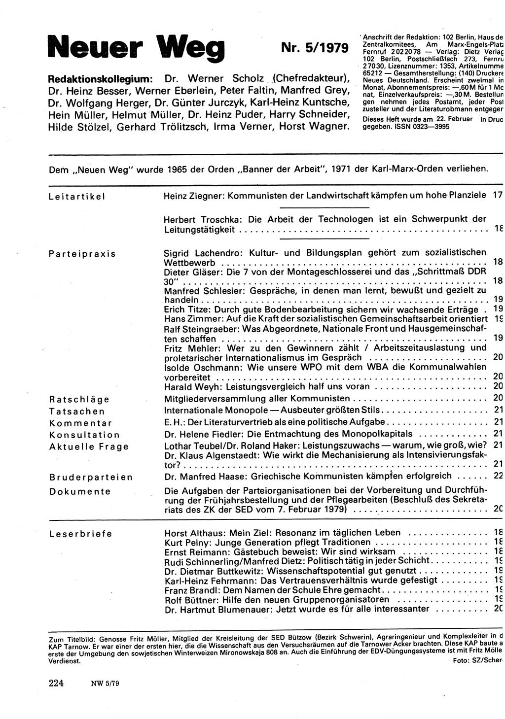 Neuer Weg (NW), Organ des Zentralkomitees (ZK) der SED (Sozialistische Einheitspartei Deutschlands) für Fragen des Parteilebens, 34. Jahrgang [Deutsche Demokratische Republik (DDR)] 1979, Seite 224 (NW ZK SED DDR 1979, S. 224)