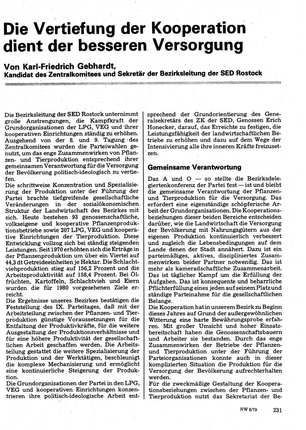 Neuer Weg (NW), Organ des Zentralkomitees (ZK) der SED (Sozialistische Einheitspartei Deutschlands) für Fragen des Parteilebens, 34. Jahrgang [Deutsche Demokratische Republik (DDR)] 1979, Seite 231 (NW ZK SED DDR 1979, S. 231)