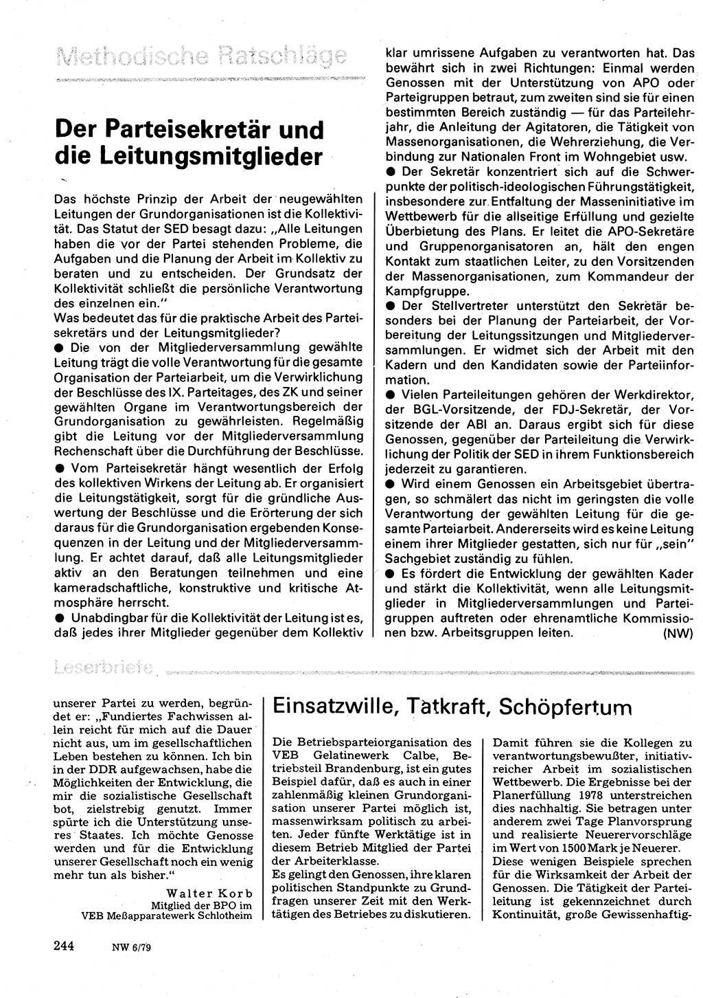 Neuer Weg (NW), Organ des Zentralkomitees (ZK) der SED (Sozialistische Einheitspartei Deutschlands) für Fragen des Parteilebens, 34. Jahrgang [Deutsche Demokratische Republik (DDR)] 1979, Seite 244 (NW ZK SED DDR 1979, S. 244)