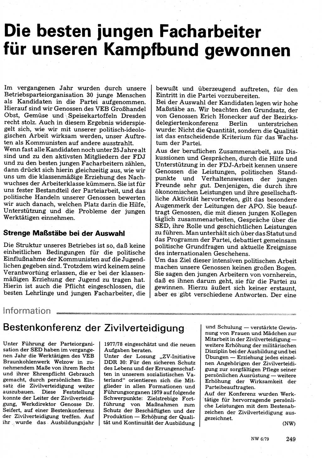 Neuer Weg (NW), Organ des Zentralkomitees (ZK) der SED (Sozialistische Einheitspartei Deutschlands) für Fragen des Parteilebens, 34. Jahrgang [Deutsche Demokratische Republik (DDR)] 1979, Seite 249 (NW ZK SED DDR 1979, S. 249)