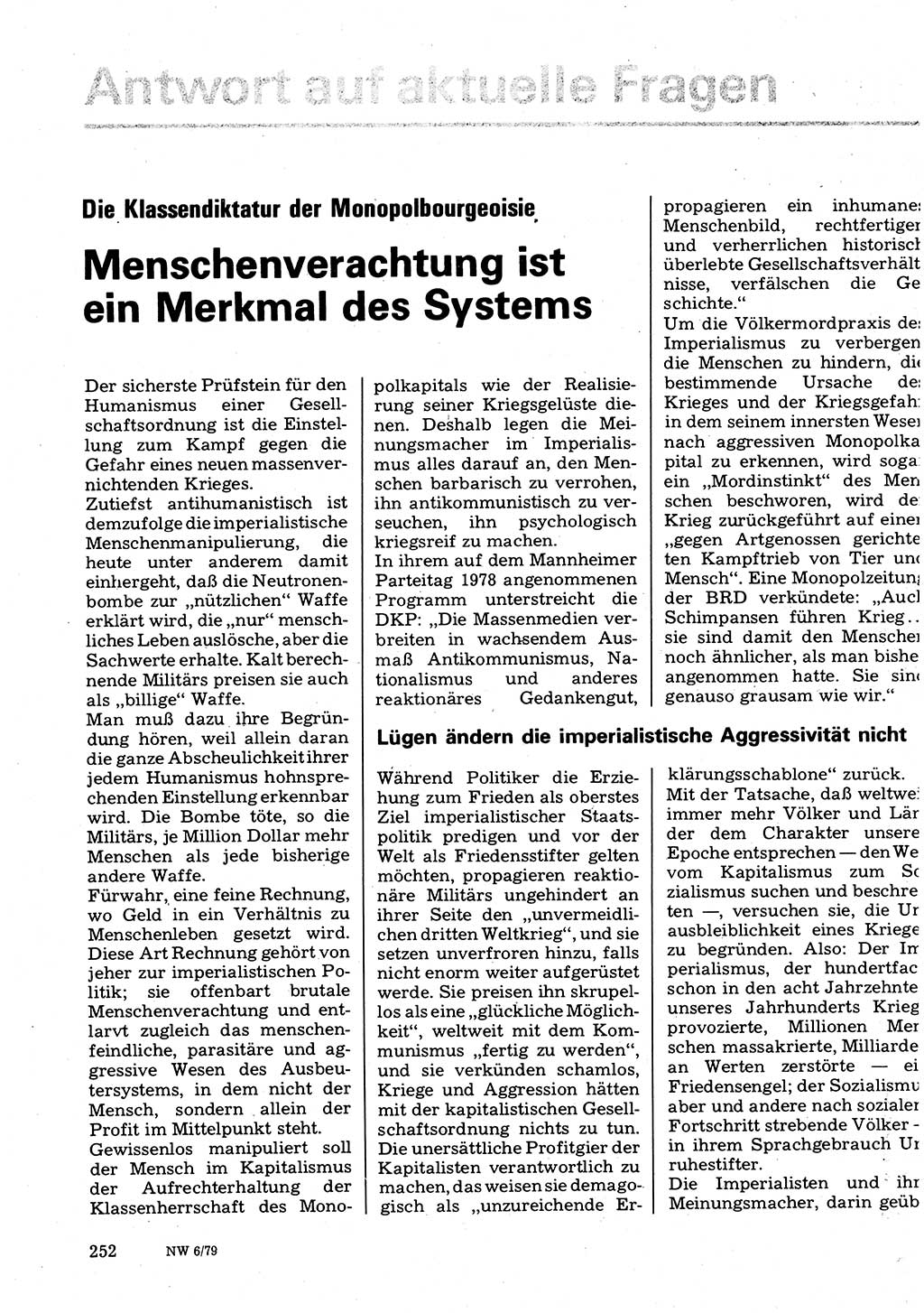 Neuer Weg (NW), Organ des Zentralkomitees (ZK) der SED (Sozialistische Einheitspartei Deutschlands) für Fragen des Parteilebens, 34. Jahrgang [Deutsche Demokratische Republik (DDR)] 1979, Seite 252 (NW ZK SED DDR 1979, S. 252)