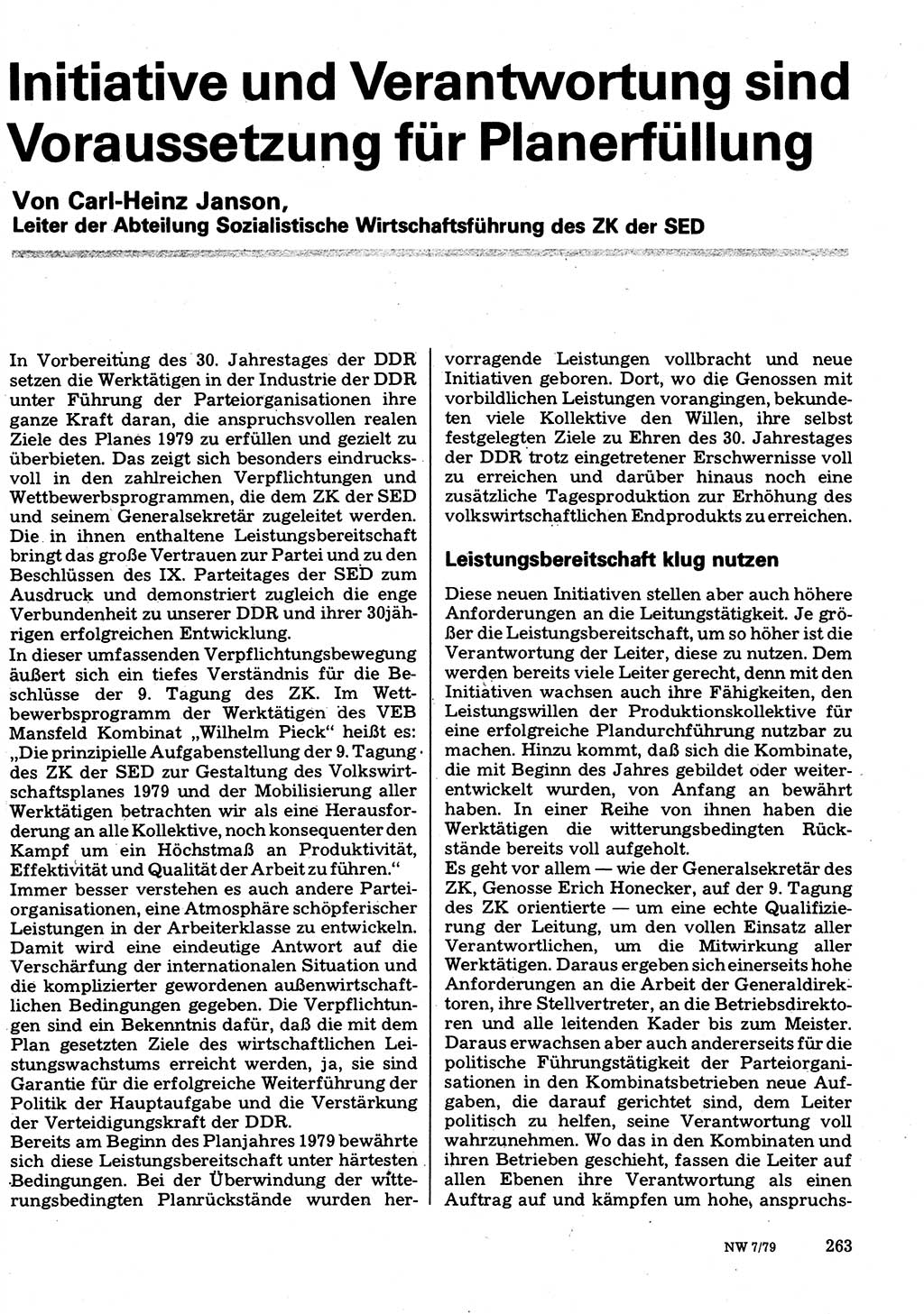 Neuer Weg (NW), Organ des Zentralkomitees (ZK) der SED (Sozialistische Einheitspartei Deutschlands) für Fragen des Parteilebens, 34. Jahrgang [Deutsche Demokratische Republik (DDR)] 1979, Seite 263 (NW ZK SED DDR 1979, S. 263)