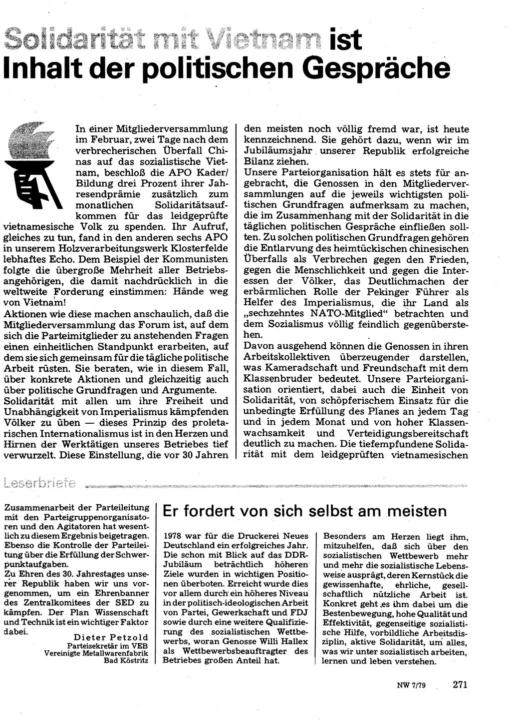 Neuer Weg (NW), Organ des Zentralkomitees (ZK) der SED (Sozialistische Einheitspartei Deutschlands) für Fragen des Parteilebens, 34. Jahrgang [Deutsche Demokratische Republik (DDR)] 1979, Seite 271 (NW ZK SED DDR 1979, S. 271)