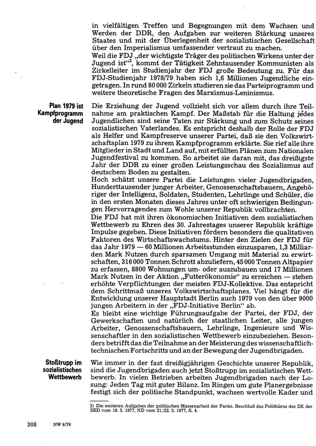 Neuer Weg (NW), Organ des Zentralkomitees (ZK) der SED (Sozialistische Einheitspartei Deutschlands) fÃ¼r Fragen des Parteilebens, 34. Jahrgang [Deutsche Demokratische Republik (DDR)] 1979, Seite 308 (NW ZK SED DDR 1979, S. 308)