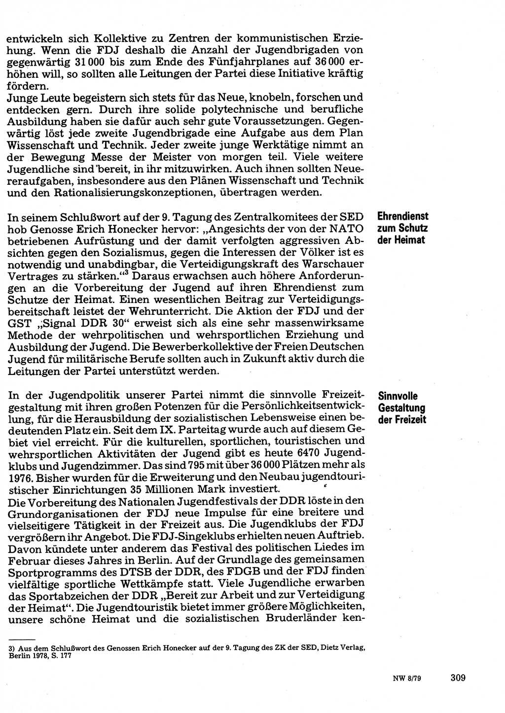 Neuer Weg (NW), Organ des Zentralkomitees (ZK) der SED (Sozialistische Einheitspartei Deutschlands) für Fragen des Parteilebens, 34. Jahrgang [Deutsche Demokratische Republik (DDR)] 1979, Seite 309 (NW ZK SED DDR 1979, S. 309)