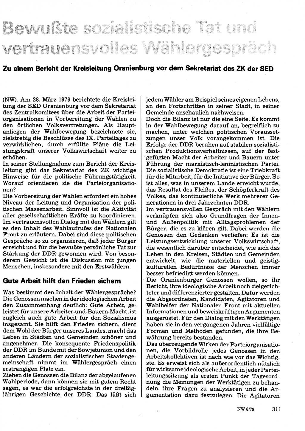 Neuer Weg (NW), Organ des Zentralkomitees (ZK) der SED (Sozialistische Einheitspartei Deutschlands) für Fragen des Parteilebens, 34. Jahrgang [Deutsche Demokratische Republik (DDR)] 1979, Seite 311 (NW ZK SED DDR 1979, S. 311)