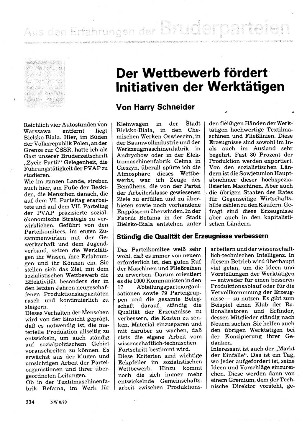 Neuer Weg (NW), Organ des Zentralkomitees (ZK) der SED (Sozialistische Einheitspartei Deutschlands) für Fragen des Parteilebens, 34. Jahrgang [Deutsche Demokratische Republik (DDR)] 1979, Seite 334 (NW ZK SED DDR 1979, S. 334)