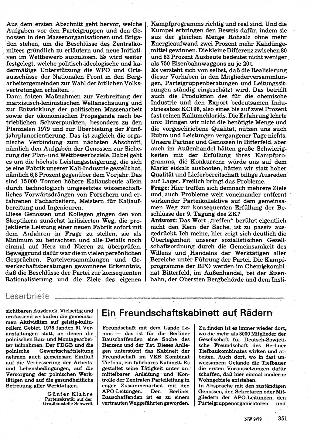 Neuer Weg (NW), Organ des Zentralkomitees (ZK) der SED (Sozialistische Einheitspartei Deutschlands) für Fragen des Parteilebens, 34. Jahrgang [Deutsche Demokratische Republik (DDR)] 1979, Seite 351 (NW ZK SED DDR 1979, S. 351)