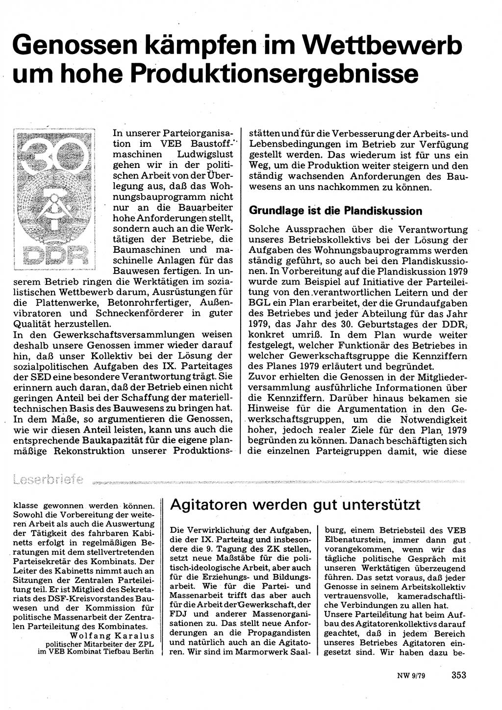 Neuer Weg (NW), Organ des Zentralkomitees (ZK) der SED (Sozialistische Einheitspartei Deutschlands) für Fragen des Parteilebens, 34. Jahrgang [Deutsche Demokratische Republik (DDR)] 1979, Seite 353 (NW ZK SED DDR 1979, S. 353)