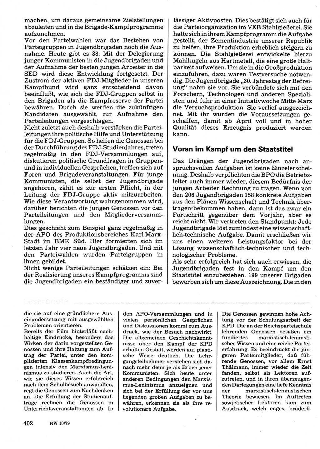 Neuer Weg (NW), Organ des Zentralkomitees (ZK) der SED (Sozialistische Einheitspartei Deutschlands) für Fragen des Parteilebens, 34. Jahrgang [Deutsche Demokratische Republik (DDR)] 1979, Seite 402 (NW ZK SED DDR 1979, S. 402)