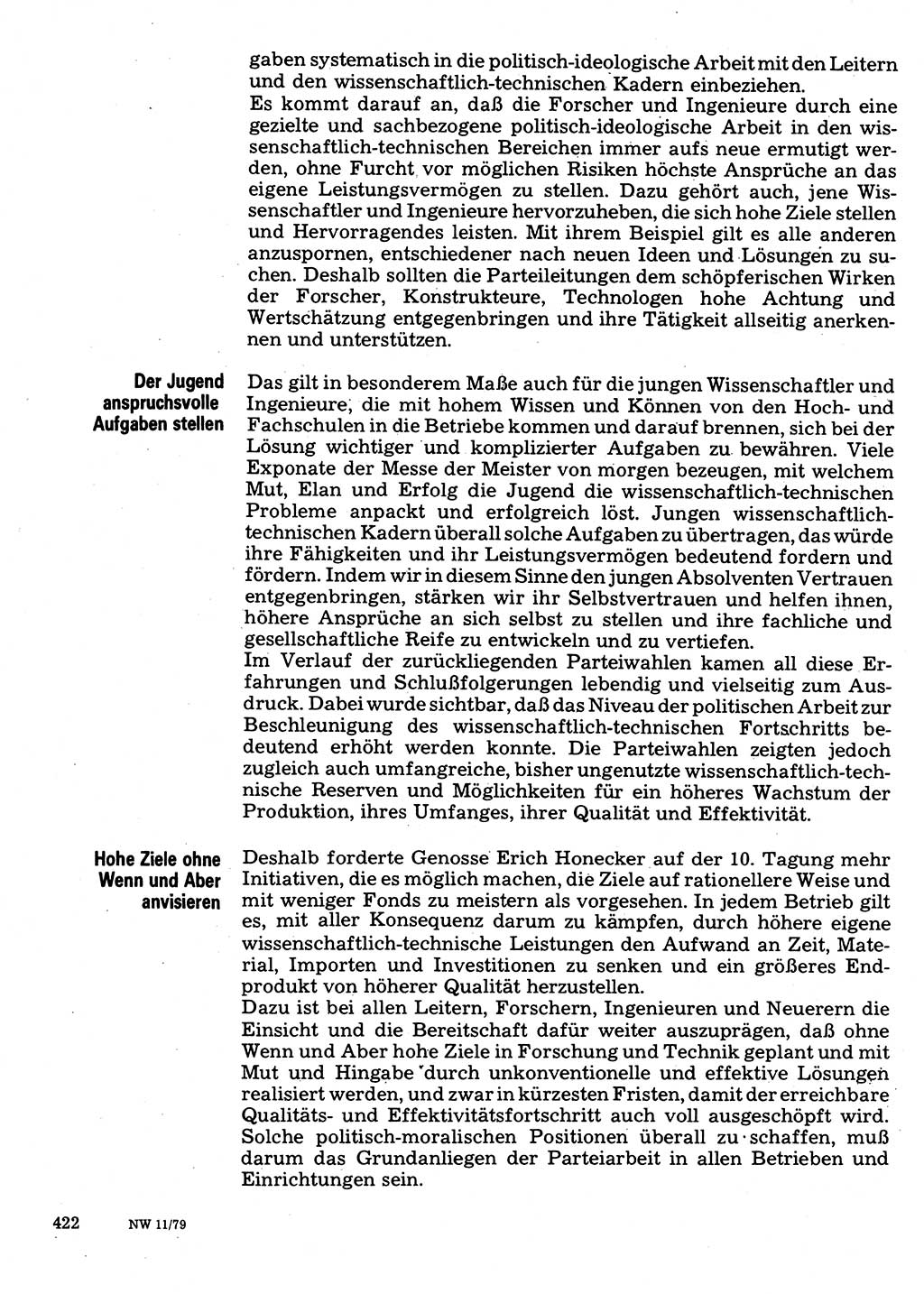 Neuer Weg (NW), Organ des Zentralkomitees (ZK) der SED (Sozialistische Einheitspartei Deutschlands) für Fragen des Parteilebens, 34. Jahrgang [Deutsche Demokratische Republik (DDR)] 1979, Seite 422 (NW ZK SED DDR 1979, S. 422)