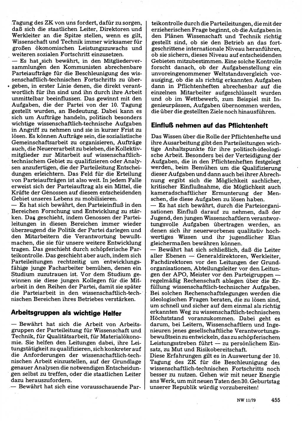 Neuer Weg (NW), Organ des Zentralkomitees (ZK) der SED (Sozialistische Einheitspartei Deutschlands) für Fragen des Parteilebens, 34. Jahrgang [Deutsche Demokratische Republik (DDR)] 1979, Seite 455 (NW ZK SED DDR 1979, S. 455)