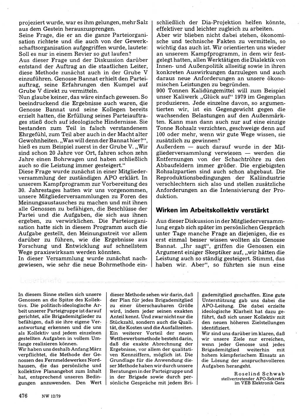 Neuer Weg (NW), Organ des Zentralkomitees (ZK) der SED (Sozialistische Einheitspartei Deutschlands) für Fragen des Parteilebens, 34. Jahrgang [Deutsche Demokratische Republik (DDR)] 1979, Seite 476 (NW ZK SED DDR 1979, S. 476)