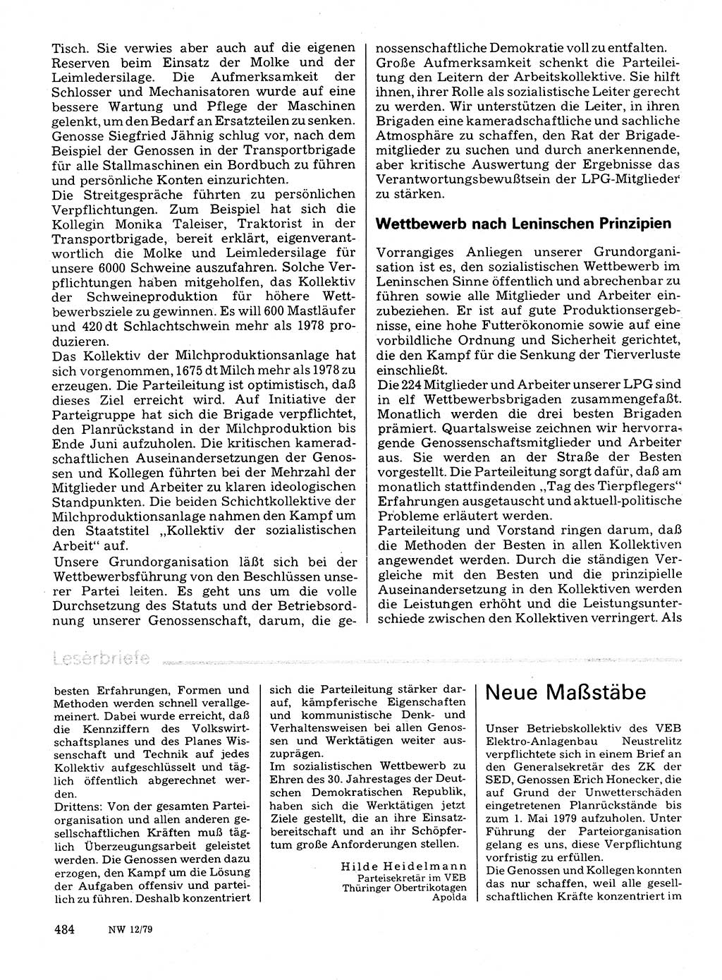 Neuer Weg (NW), Organ des Zentralkomitees (ZK) der SED (Sozialistische Einheitspartei Deutschlands) für Fragen des Parteilebens, 34. Jahrgang [Deutsche Demokratische Republik (DDR)] 1979, Seite 484 (NW ZK SED DDR 1979, S. 484)