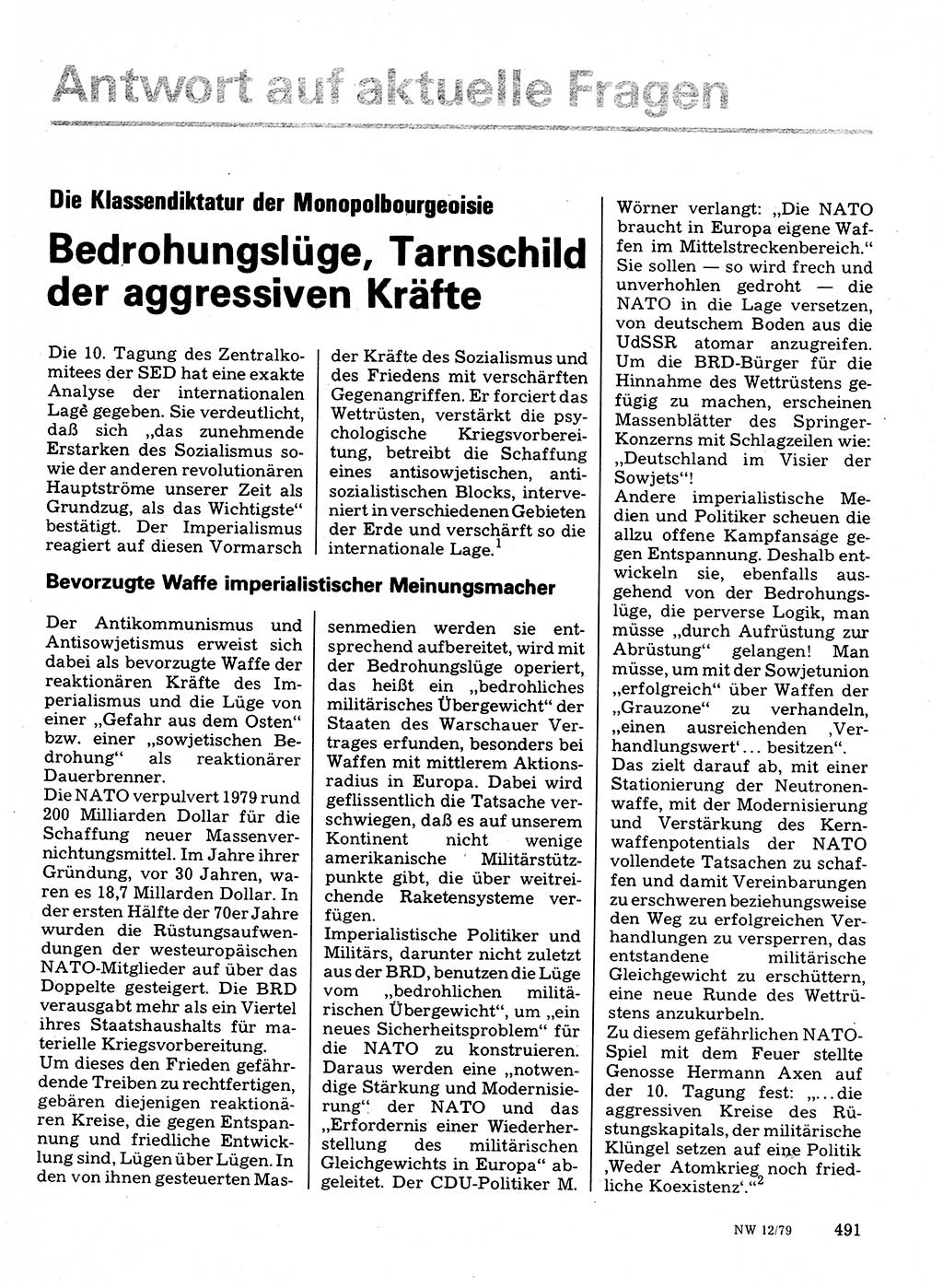 Neuer Weg (NW), Organ des Zentralkomitees (ZK) der SED (Sozialistische Einheitspartei Deutschlands) für Fragen des Parteilebens, 34. Jahrgang [Deutsche Demokratische Republik (DDR)] 1979, Seite 491 (NW ZK SED DDR 1979, S. 491)