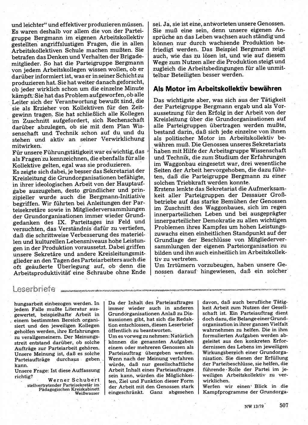 Neuer Weg (NW), Organ des Zentralkomitees (ZK) der SED (Sozialistische Einheitspartei Deutschlands) für Fragen des Parteilebens, 34. Jahrgang [Deutsche Demokratische Republik (DDR)] 1979, Seite 507 (NW ZK SED DDR 1979, S. 507)