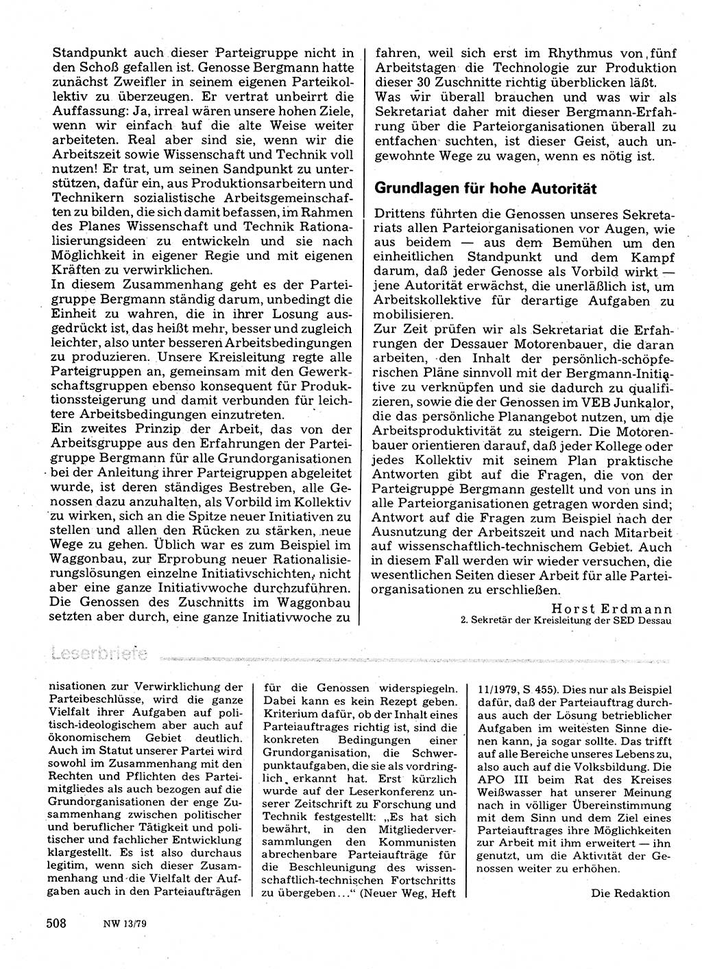 Neuer Weg (NW), Organ des Zentralkomitees (ZK) der SED (Sozialistische Einheitspartei Deutschlands) für Fragen des Parteilebens, 34. Jahrgang [Deutsche Demokratische Republik (DDR)] 1979, Seite 508 (NW ZK SED DDR 1979, S. 508)