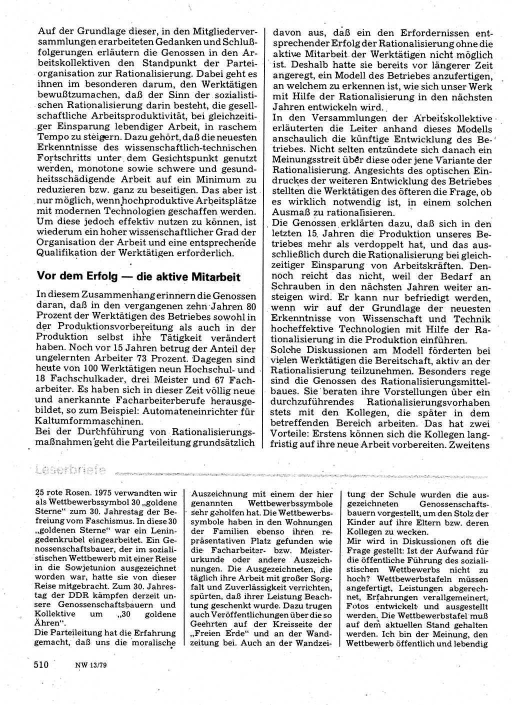 Neuer Weg (NW), Organ des Zentralkomitees (ZK) der SED (Sozialistische Einheitspartei Deutschlands) für Fragen des Parteilebens, 34. Jahrgang [Deutsche Demokratische Republik (DDR)] 1979, Seite 510 (NW ZK SED DDR 1979, S. 510)