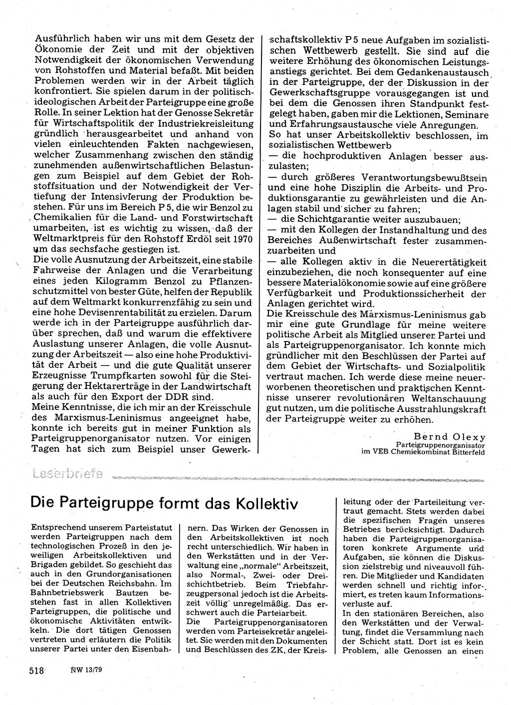Neuer Weg (NW), Organ des Zentralkomitees (ZK) der SED (Sozialistische Einheitspartei Deutschlands) für Fragen des Parteilebens, 34. Jahrgang [Deutsche Demokratische Republik (DDR)] 1979, Seite 518 (NW ZK SED DDR 1979, S. 518)