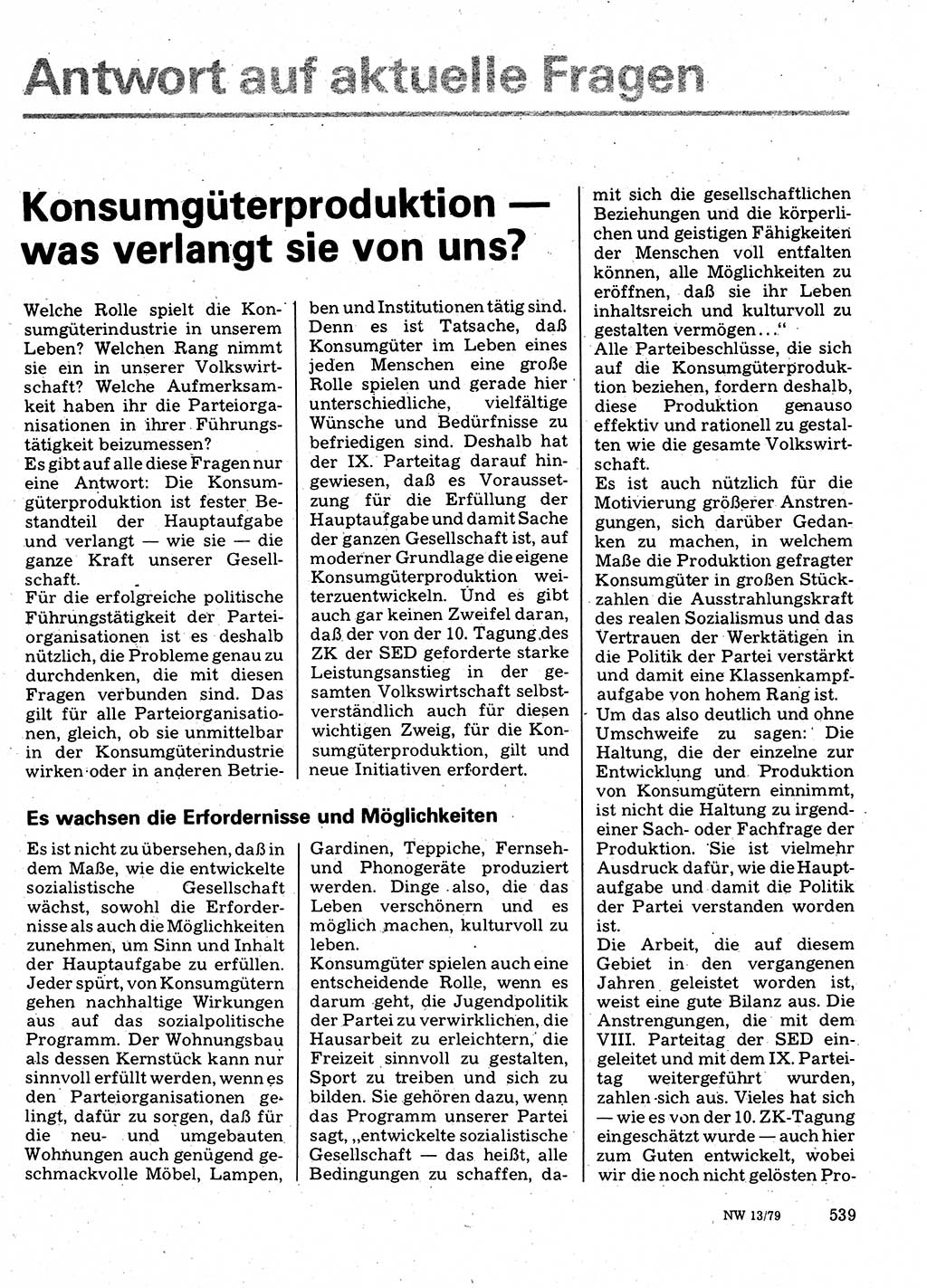 Neuer Weg (NW), Organ des Zentralkomitees (ZK) der SED (Sozialistische Einheitspartei Deutschlands) für Fragen des Parteilebens, 34. Jahrgang [Deutsche Demokratische Republik (DDR)] 1979, Seite 539 (NW ZK SED DDR 1979, S. 539)