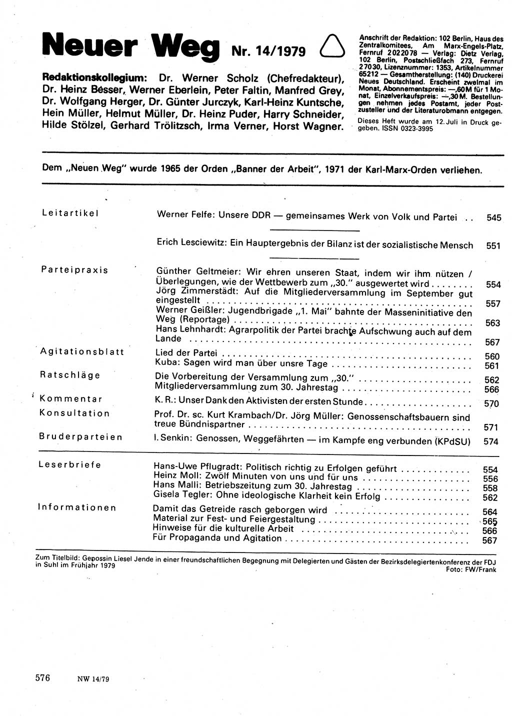 Neuer Weg (NW), Organ des Zentralkomitees (ZK) der SED (Sozialistische Einheitspartei Deutschlands) für Fragen des Parteilebens, 34. Jahrgang [Deutsche Demokratische Republik (DDR)] 1979, Seite 576 (NW ZK SED DDR 1979, S. 576)