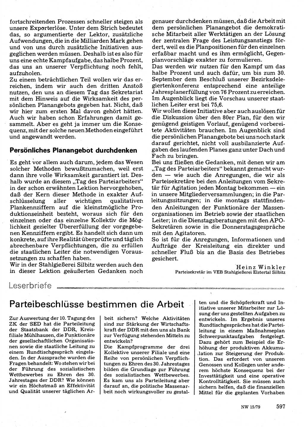 Neuer Weg (NW), Organ des Zentralkomitees (ZK) der SED (Sozialistische Einheitspartei Deutschlands) für Fragen des Parteilebens, 34. Jahrgang [Deutsche Demokratische Republik (DDR)] 1979, Seite 597 (NW ZK SED DDR 1979, S. 597)