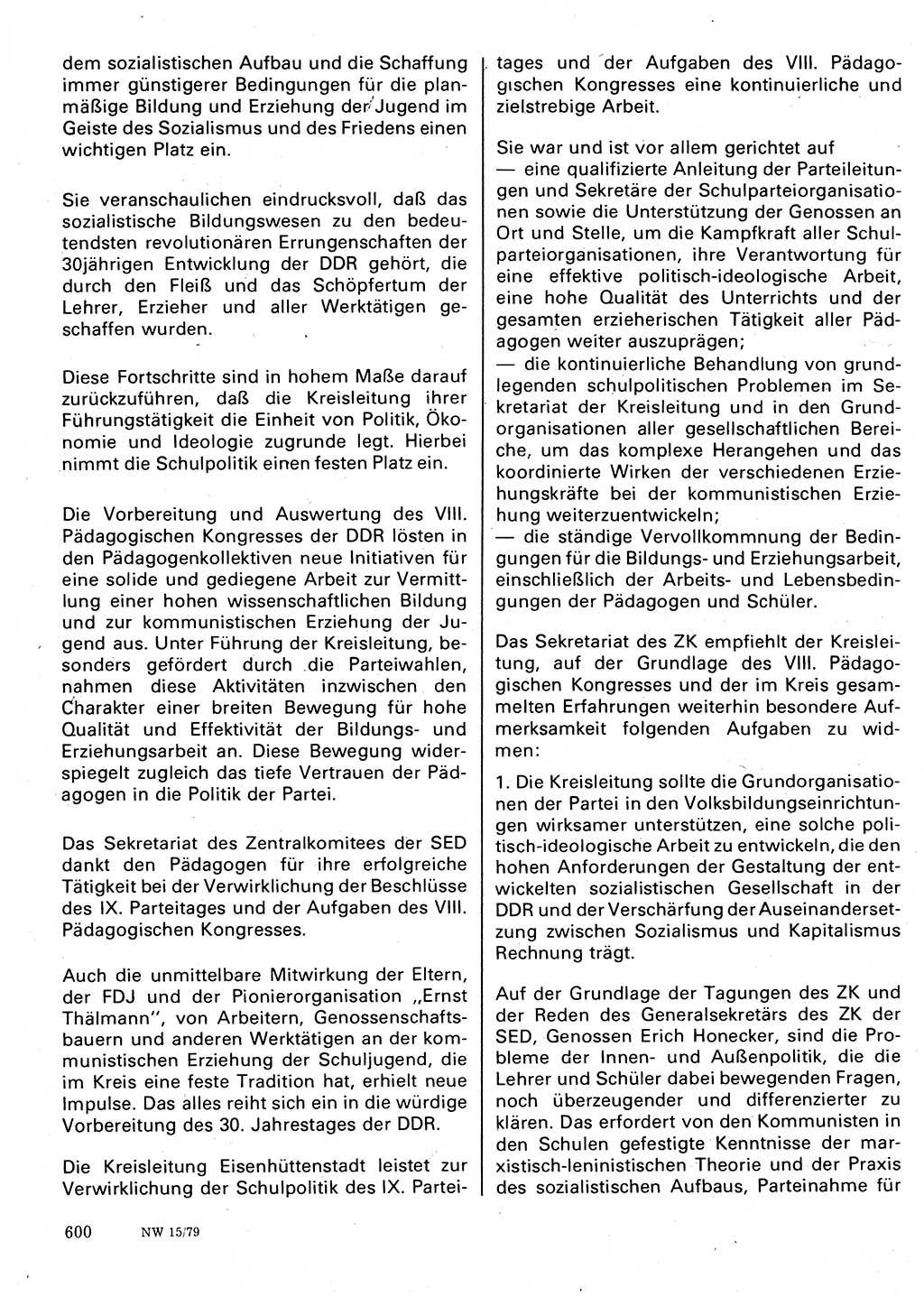 Neuer Weg (NW), Organ des Zentralkomitees (ZK) der SED (Sozialistische Einheitspartei Deutschlands) für Fragen des Parteilebens, 34. Jahrgang [Deutsche Demokratische Republik (DDR)] 1979, Seite 600 (NW ZK SED DDR 1979, S. 600)