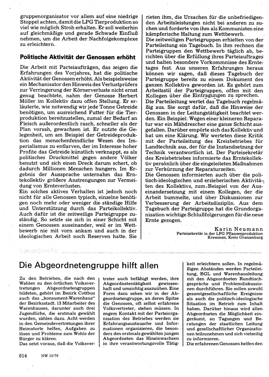 Neuer Weg (NW), Organ des Zentralkomitees (ZK) der SED (Sozialistische Einheitspartei Deutschlands) für Fragen des Parteilebens, 34. Jahrgang [Deutsche Demokratische Republik (DDR)] 1979, Seite 614 (NW ZK SED DDR 1979, S. 614)
