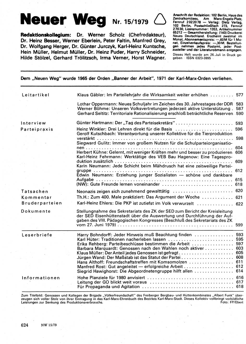 Neuer Weg (NW), Organ des Zentralkomitees (ZK) der SED (Sozialistische Einheitspartei Deutschlands) für Fragen des Parteilebens, 34. Jahrgang [Deutsche Demokratische Republik (DDR)] 1979, Seite 624 (NW ZK SED DDR 1979, S. 624)