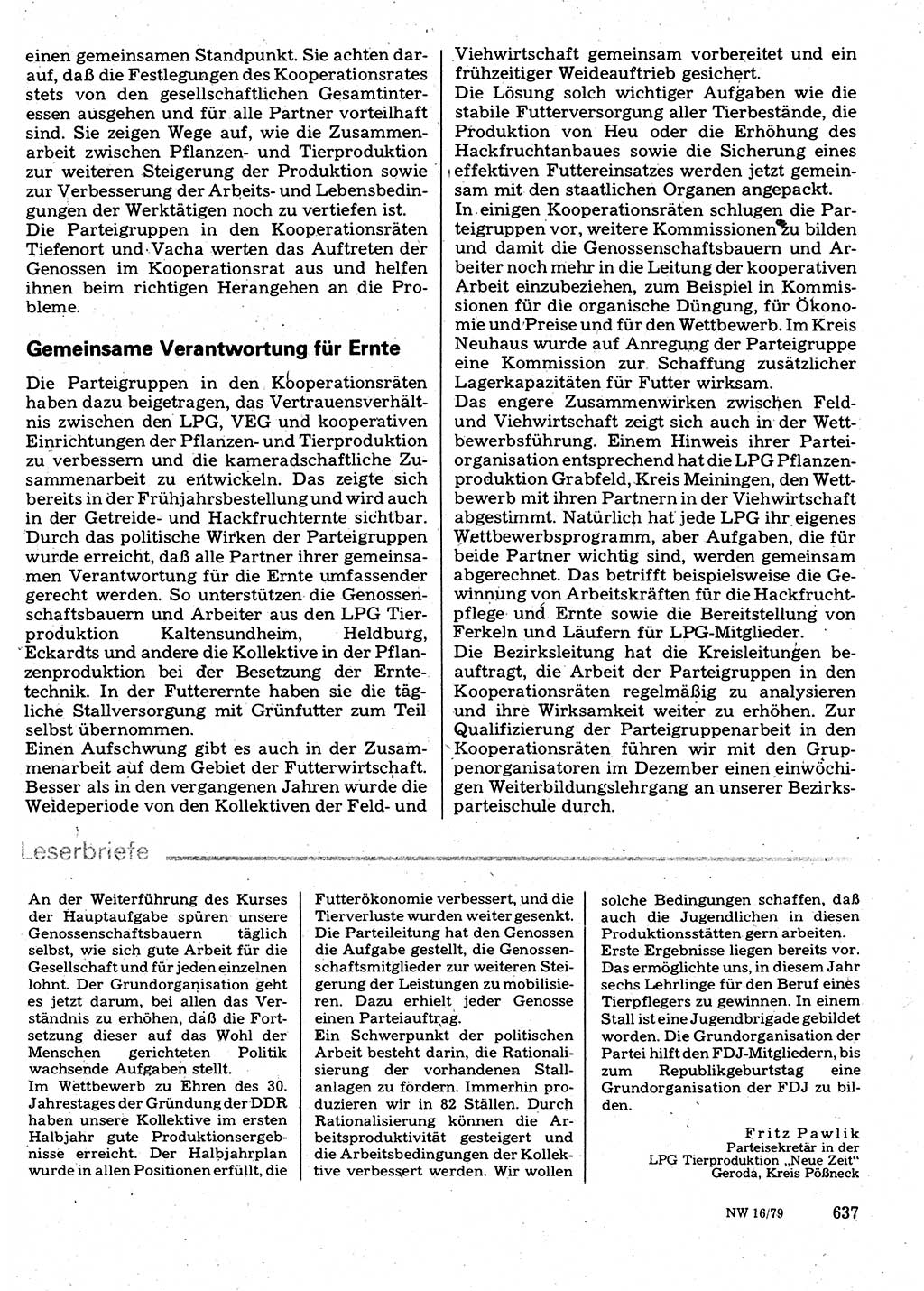 Neuer Weg (NW), Organ des Zentralkomitees (ZK) der SED (Sozialistische Einheitspartei Deutschlands) für Fragen des Parteilebens, 34. Jahrgang [Deutsche Demokratische Republik (DDR)] 1979, Seite 637 (NW ZK SED DDR 1979, S. 637)